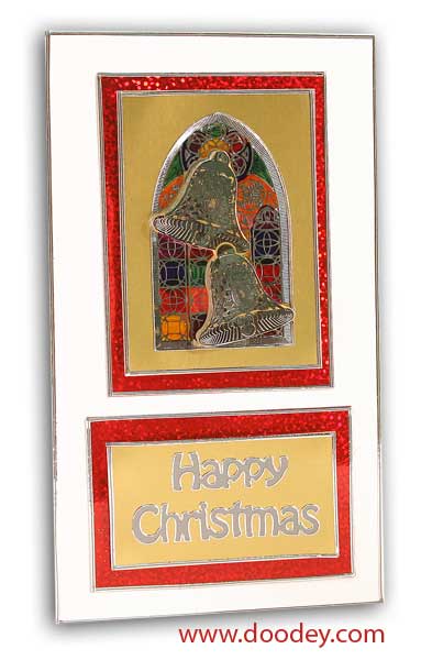 christmas card with churchwindow and bells