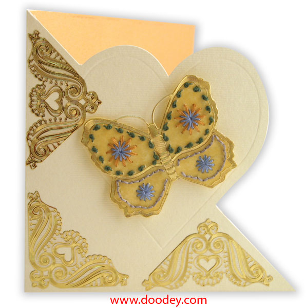 Embroidery butterfly on heart shape card