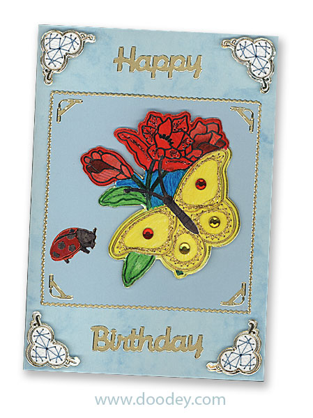 embroidery happy birthday with butterfly and lady