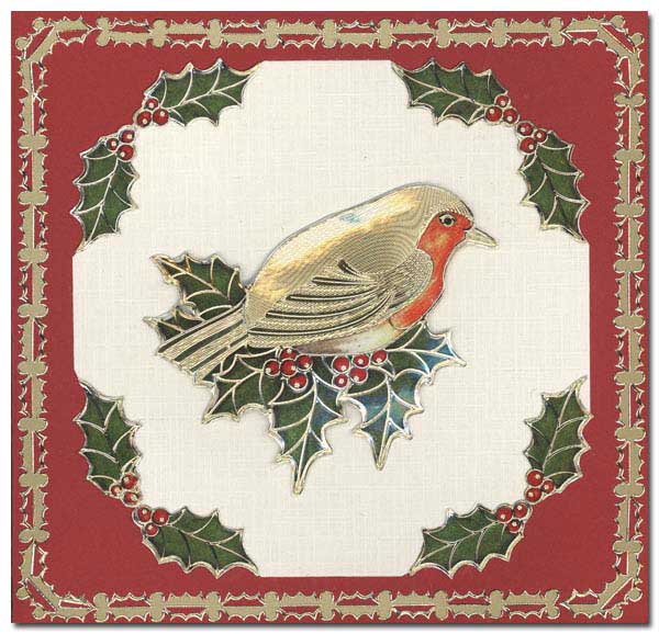 card bird with holly leafs