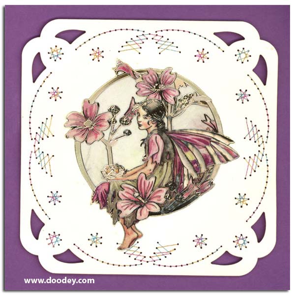 card with flower fairy mallow with embroidery back