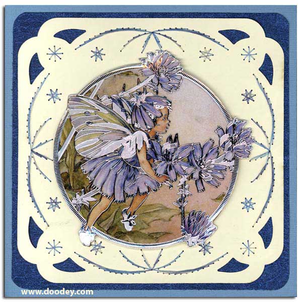 card with flower fairy chicory with embroidery bac