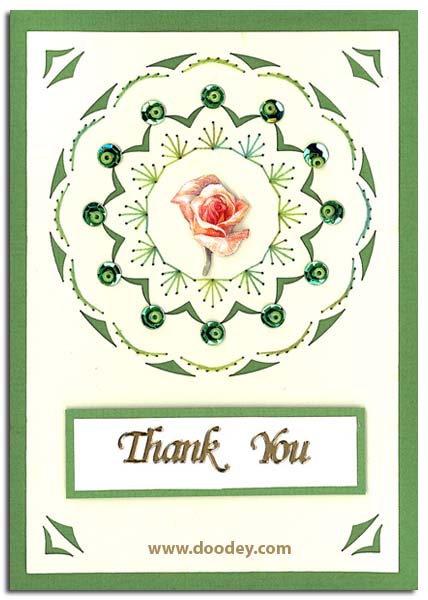 card with embroidery background and rose thank you