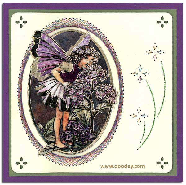 Card with flower fairy heliotrope embroider in ova
