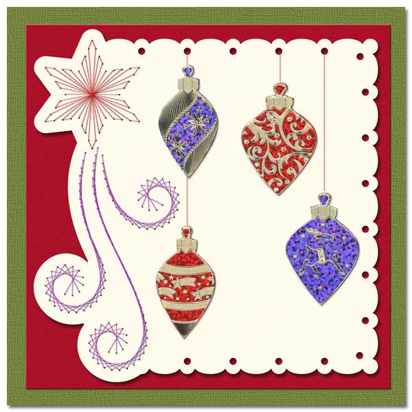 embroidered card with christmas balls