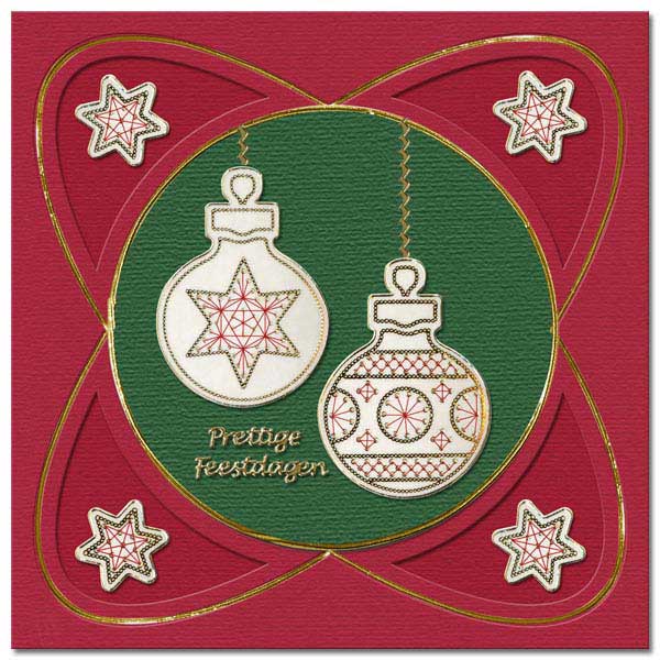christmas card with 2 embroidered baubles