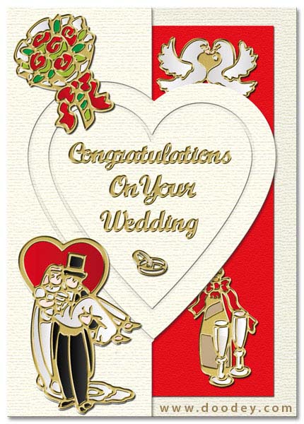 card wedding with drinks, wedding couple, pigeon