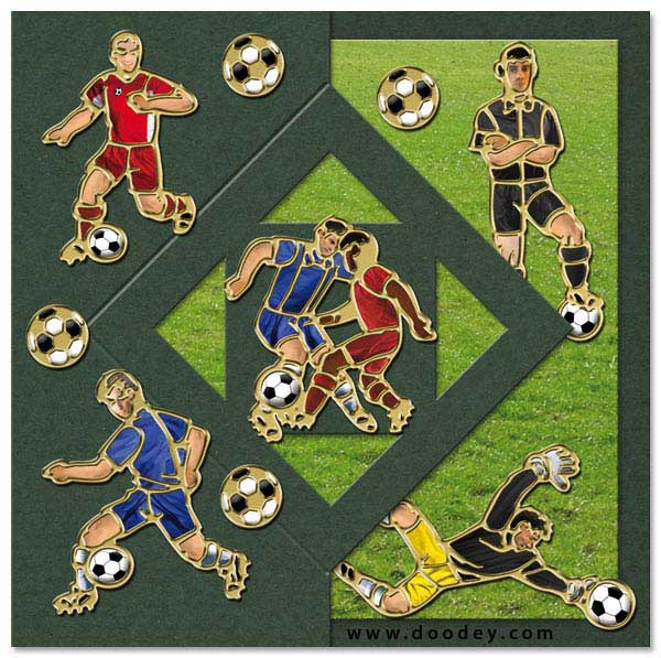 card with soccer players, keeper and referee