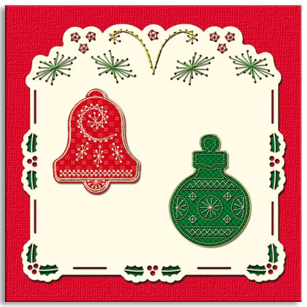 embroidered christmas card with bell and bauble