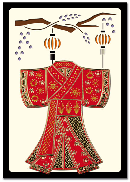 oriental card with embroidered kimono 