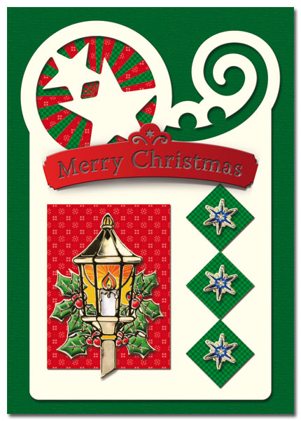 christmas card with streetlamp and christmas stars