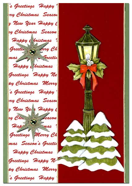 Christmas card with christmas trees and a lantern