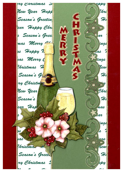 christmas card with flowers and a wine bottle 