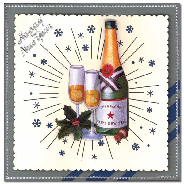 christmas card with champagne bottle and champagne
