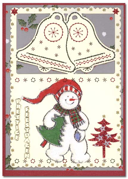 embroidered christmas card with snow man