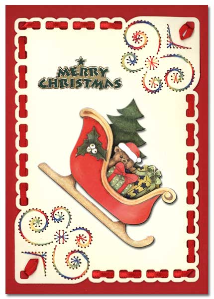 embroidered christmas card with sleigh