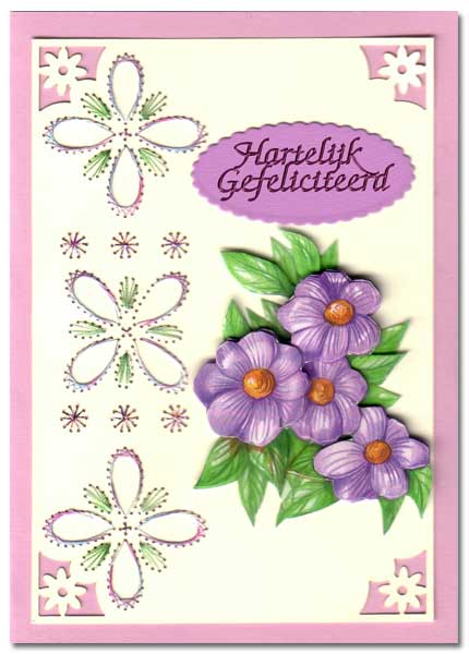 embroidered card with purple flowers