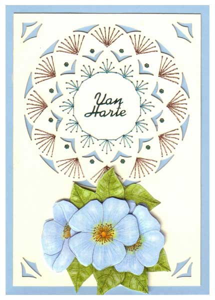 embroidered card with blue flower