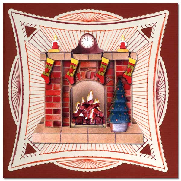 christmas embroidered card fire place