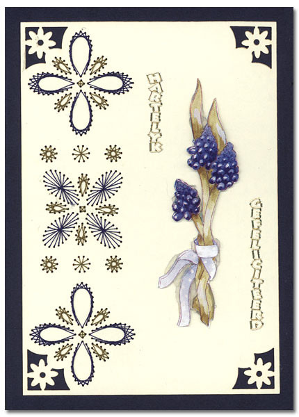 embroidered card with blue grapes
