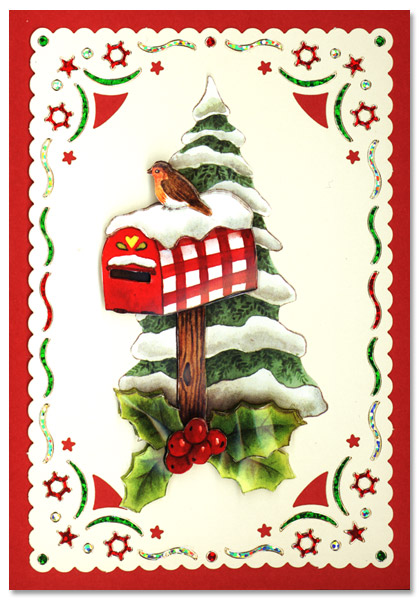 christmas card with christmas tree and bird