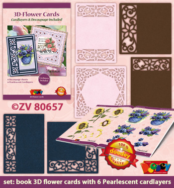 ZV80657 Set Book with decoupage sheets and 6 Luxury Pearlescent Cardlayers Flowers by Natasja