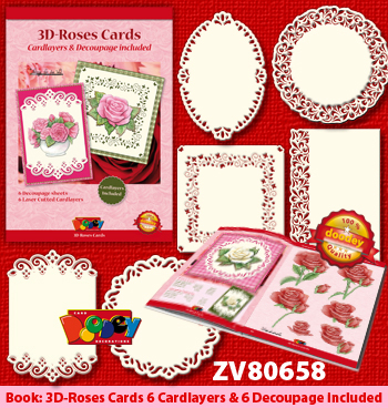 ZV80658 Set Book with decoupage sheets and 6 Luxury Cardlayers Roses